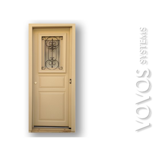 Εξωπορτα Ξυλινη, Πορτα Εισοδου ταμπλαδωτή με τζαμι και σιδεριά στη Σιφνο