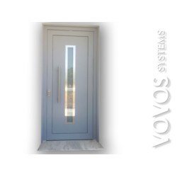 Εξωπορτες, Συνθετικη pvc εξωπορτα  με ανοξειδωτα φινιρισματα και τζαμι αμμοβολης στα Παμφιλα Λεσβος