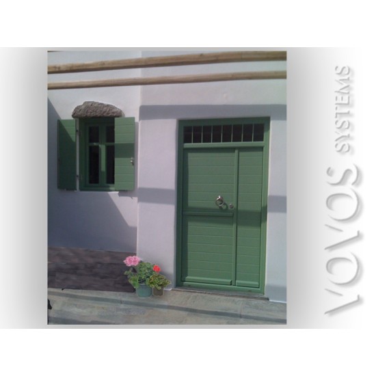 Ξυλινες Πορτες,Ψευτοδιφυλλη Πορτα "Αλογοπορτα" με ανω φεγγιτη με inox βεργες  Μηλος