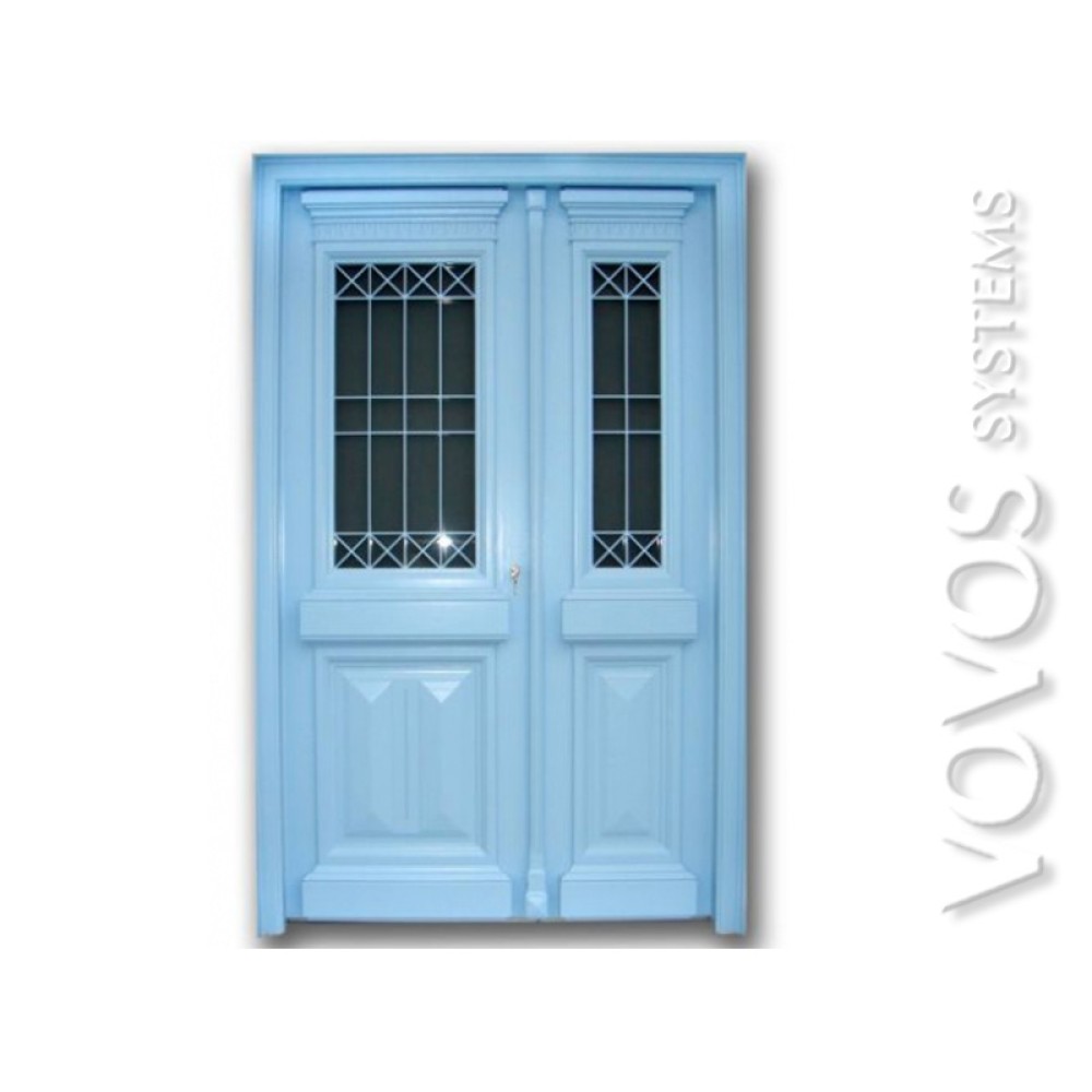 Εξωπορτες Παραδοσιακες Ξυλινες, Αρχοντικη Παραδοσιακη ξυλινη πορτα ψευτοδιφυλλη με ανοξειδωτες σιδεριες στον Ραμμο Σεριφος