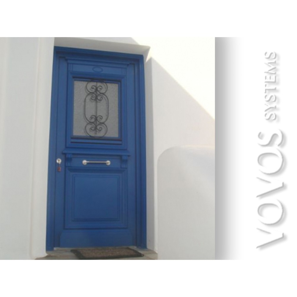 Ξυλινα Παραδοσιακα Κουφωματα,  Πορτα Εισοδου Μονοφυλλη με  ανοιγομενα τζαμια και σιδερια  στα Πολλωνια Μηλος