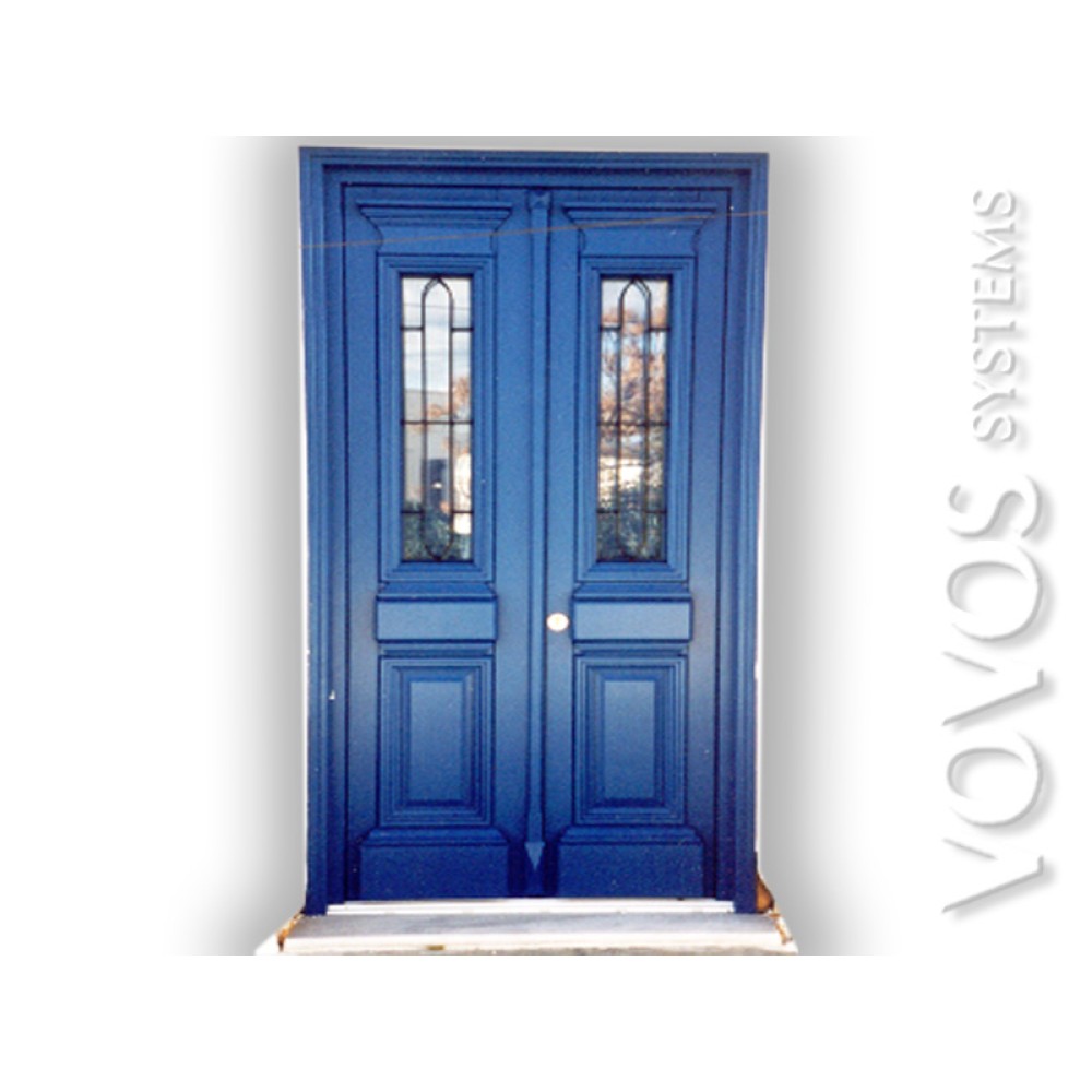 Ξυλινα Παραδοσιακα Κουφωματα, Πορτα Εισοδου Διφυλλη με ανοιγομενα τζαμια και σιδερια  στην Τρυπητη Μηλος