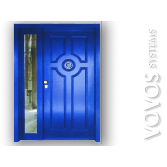 Εξωπορτες Ασφαλειας, Ασφαλειας Πορτα σε χρωμα νησιωτικο με πλαινο σταθερο και αναγλυφους ταμπλαδες στη Συρο