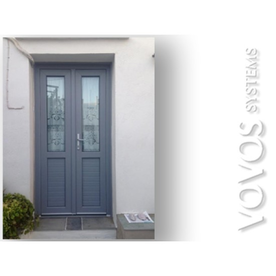 Συνθετικα κουφωματα Kommerling , Παραδοσιακη  pvc  Πορτα  διφυλλη ραμποτε με τζαμια στον Πορο Τροιζήνιας 