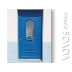 Εξωπορτες PVC ,  Εξωτερικη παραδοσιακη συνθετικη πορτα με ταμπλαδες και τζαμι στην Αιγινα