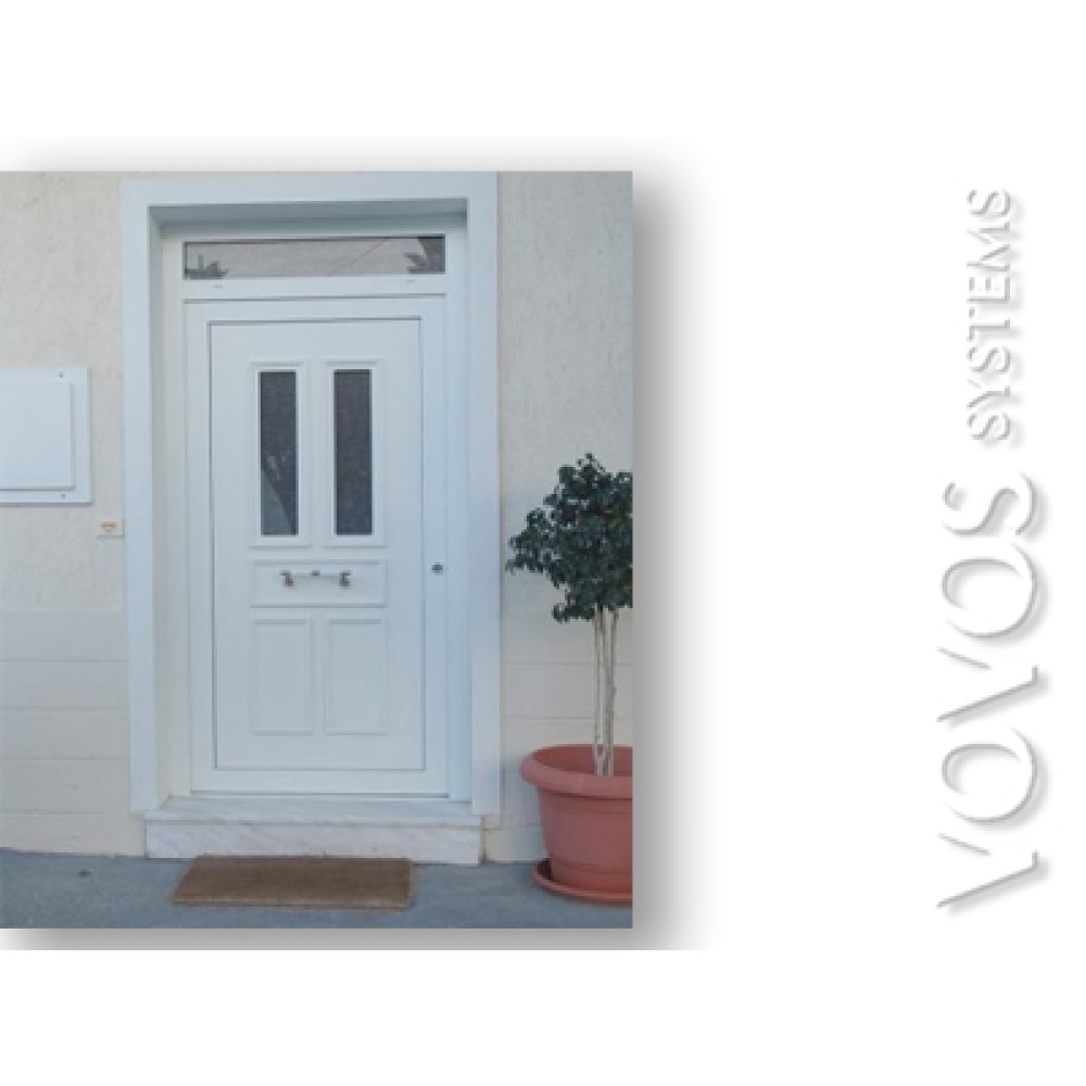 Εξωπορτες Συνθετικες ,  Εξωπορτα  pvc μονοφυλλη με σταθερο φεγγιτη σε λευκο χρωμα οικονομικη στη Φρεατυδα Πειραιας