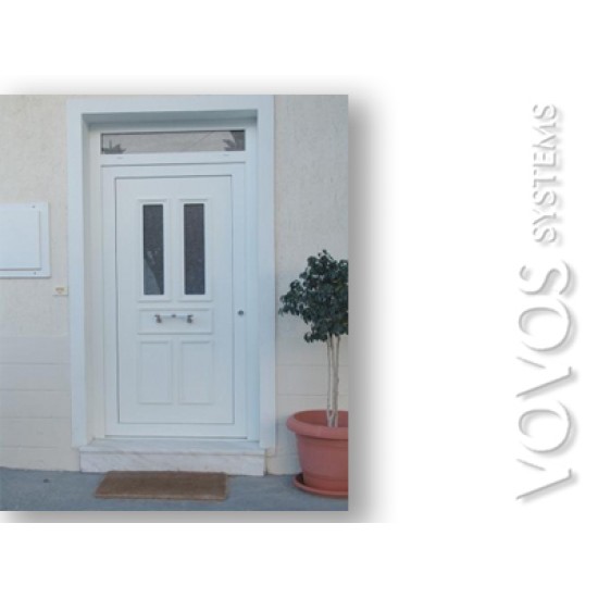 Εξωπορτες Συνθετικες ,  Εξωπορτα  pvc μονοφυλλη με σταθερο φεγγιτη σε λευκο χρωμα οικονομικη στη Φρεατυδα Πειραιας