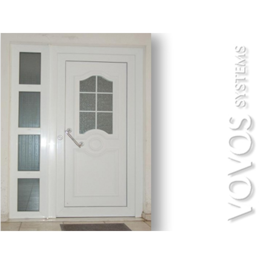 Συνθετικες Εξωπορτες - Πορτα εισοδου pvc με σταθερο καθετο φεγγιτη στο Παγκρατι Αθηνα 