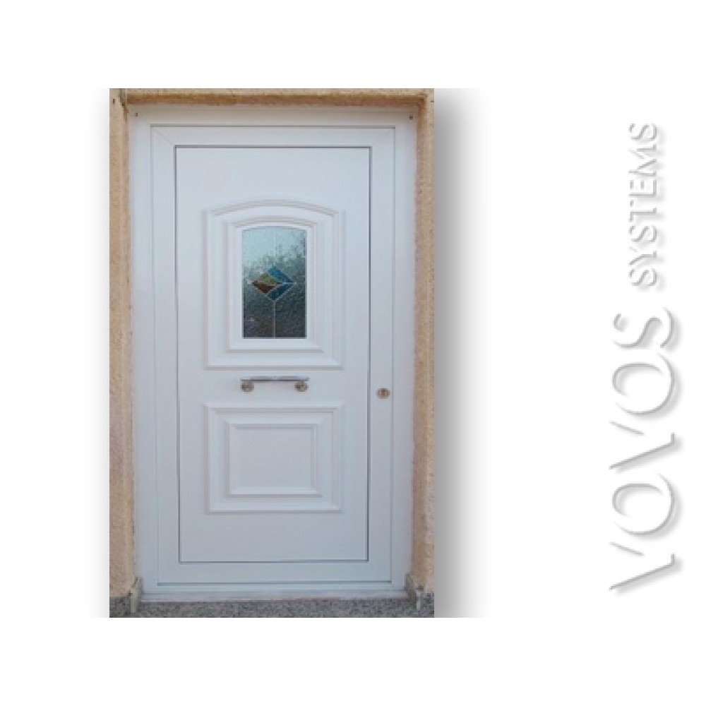 Εξωπορτες pvc , Εξωθυρα νεοκλασικη με  ταμπλαδες και τζαμια βιτρω στην Σαλαμινα Πειραια