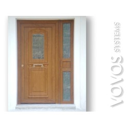 Πορτες Εισοδου , Εισοδος πολυκατοικιας pvc  με πλαινο σταθερο καθετο απομιμηση ξυλου στο κεντρο του Πειραια