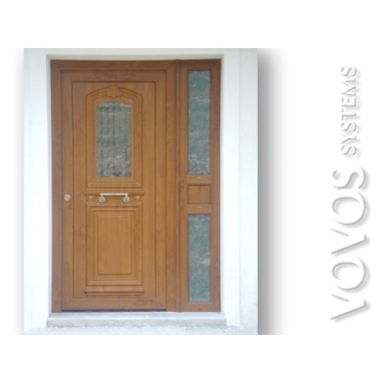 Πορτες Εισοδου , Εισοδος πολυκατοικιας pvc  με πλαινο σταθερο καθετο απομιμηση ξυλου στο κεντρο του Πειραια