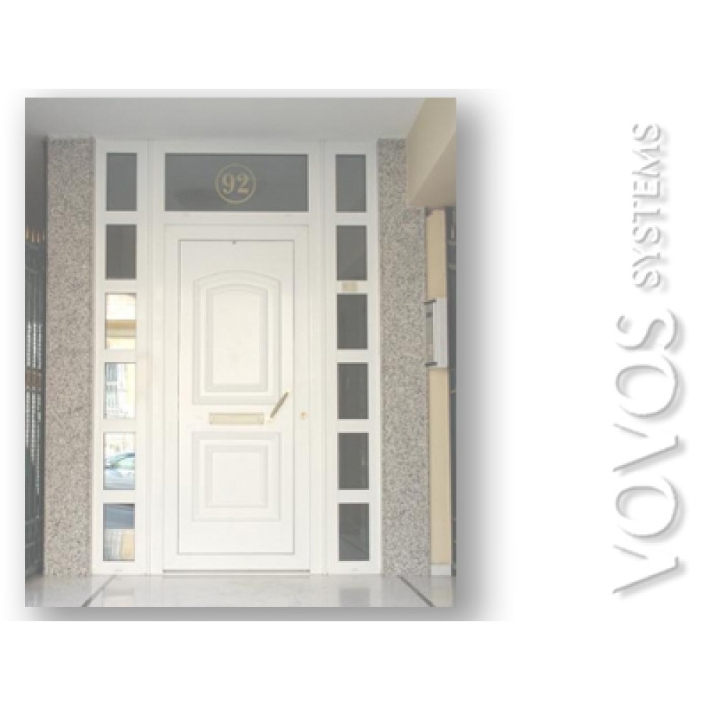 Εξωπορτες Συνθετικες,  Εξωπορτα πολυκατοικιας με περιμετρικα σταθερα τζαμια Ασφαλειας στην οδο Ζαννη στον Πειραια