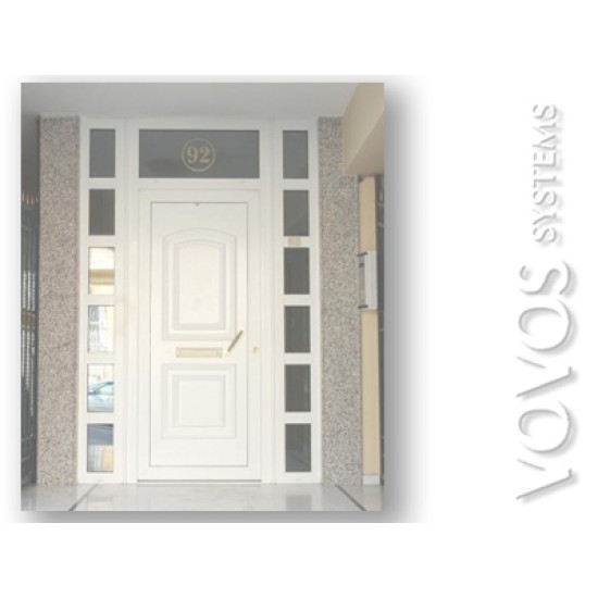 Εξωπορτες Συνθετικες,  Εξωπορτα πολυκατοικιας με περιμετρικα σταθερα τζαμια Ασφαλειας στην οδο Ζαννη στον Πειραια