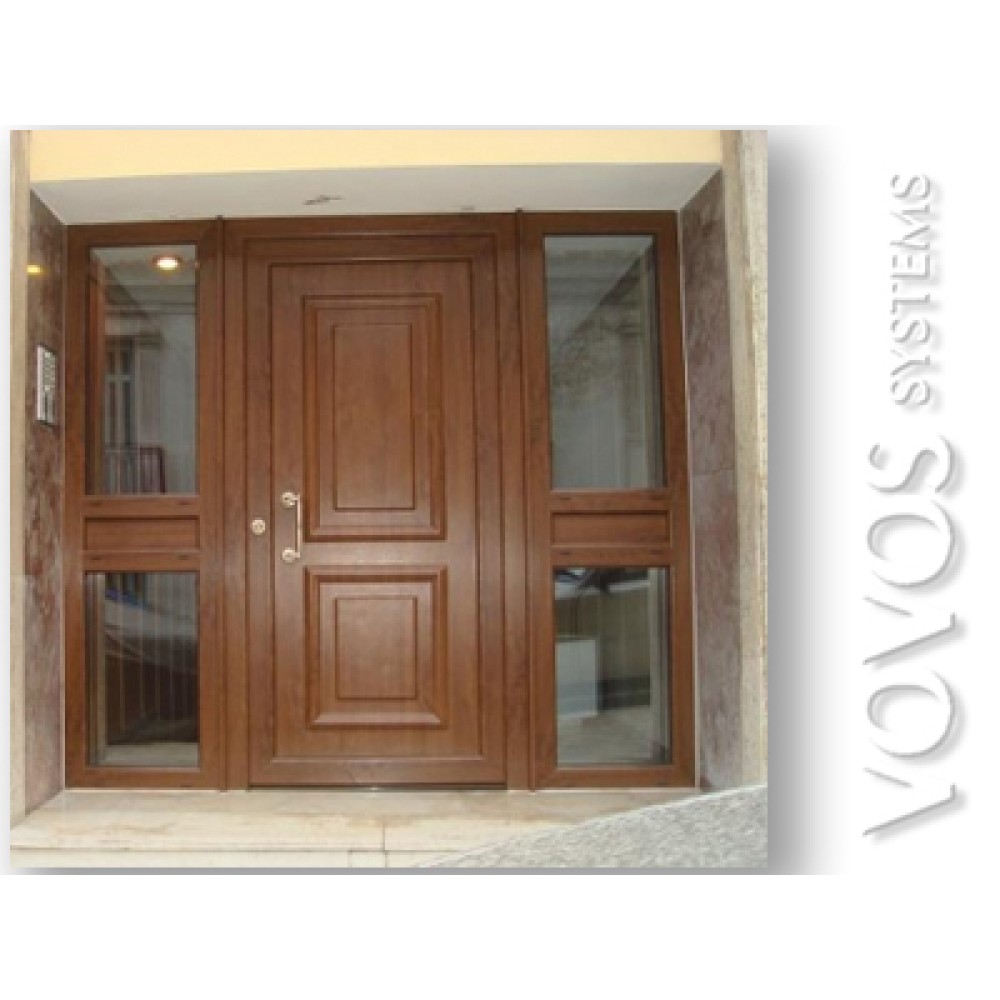 Πορτα εισοδου pvc κλασικη ταμπλαδωτη με πλαινα σταθερα τζαμια σε απομιμηση  ξυλου στην οδο Κουντουριωτου στον Πειραια