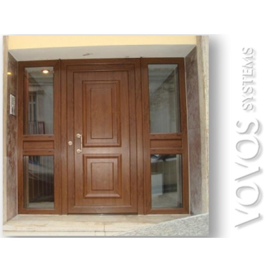 Πορτα εισοδου pvc κλασικη ταμπλαδωτη με πλαινα σταθερα τζαμια σε απομιμηση  ξυλου στην οδο Κουντουριωτου στον Πειραια