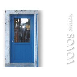 Συνθετικες Κουζινοπορτες, Κουζινοπορτα  pvc με καθετα ραμποτε πανελ και τζαμι σε νησιωτικο σχεδιο στην Τζια