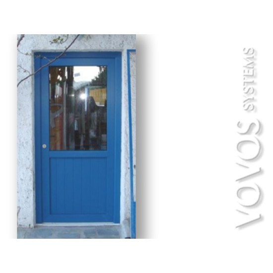 Συνθετικες Κουζινοπορτες, Κουζινοπορτα  pvc με καθετα ραμποτε πανελ και τζαμι σε νησιωτικο σχεδιο στην Τζια