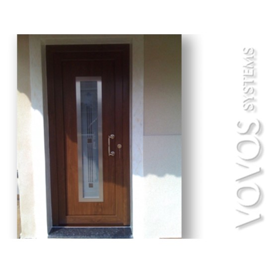 Εξωπορτες pvc, Πορτα εισοδου με ανοξειδωτα φινιρισματα και κρυσταλλο αμμοβολης σε μοντερνα σχεδια στην Ελευσινα