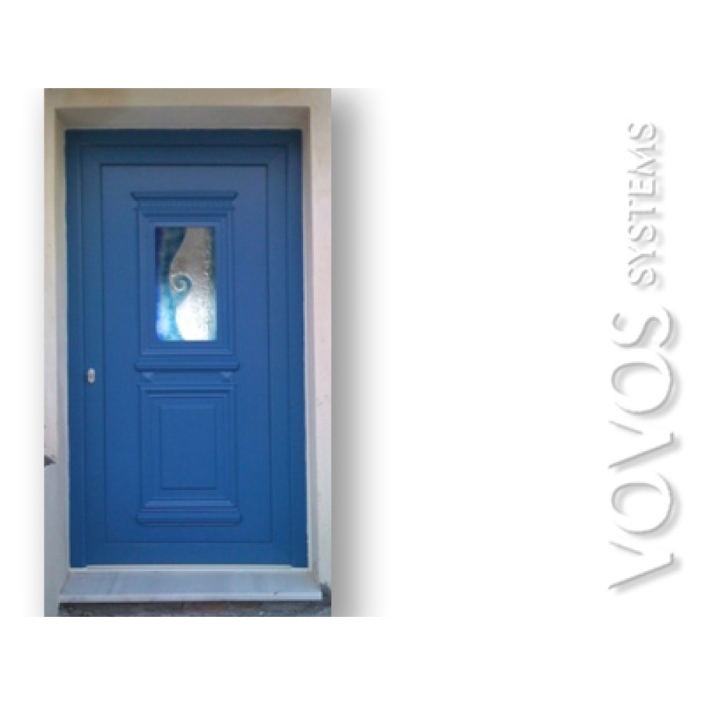 Εξωπορτες PVC,  Eξωπορτα pvc ταμπλαδωτη με βιτρω τζαμι για  νησιωτικη κατοικια στην Φολεγανδρο