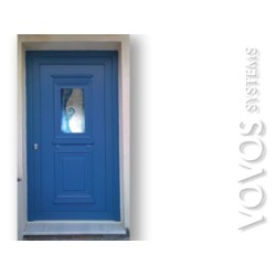 Εξωπορτες PVC,  Eξωπορτα pvc ταμπλαδωτη με βιτρω τζαμι για  νησιωτικη κατοικια στην Φολεγανδρο