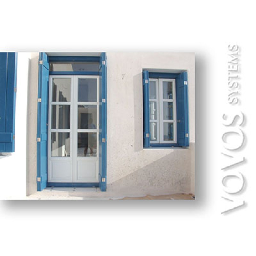 Ξυλινα κουφωματα , Παντζουρια ραμποτε Καθετα σε Μπαλκονοπορτα με σταθερο φεγγιτη διφυλλη  στην Φολεγανδρο